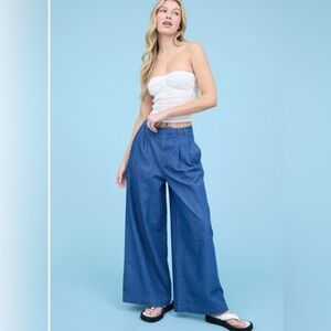 Pleated Wide Leg Chambray Pants